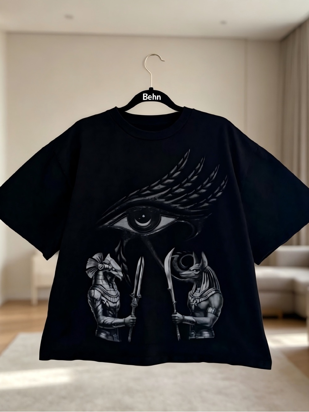 Egyptian Eye of Horus with Horus & Anubis Gods Black Womens Mens T-shirt Unisex